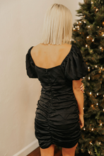 Load image into Gallery viewer, Black Satin Ruched Mini Dress
