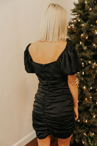 Black Satin Ruched Mini Dress